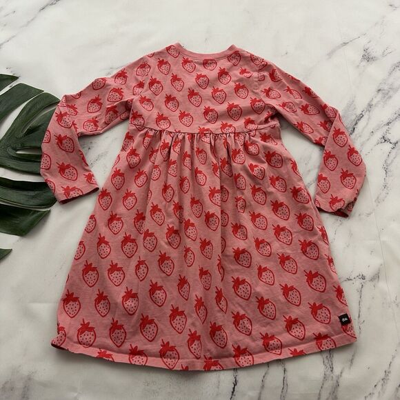 Tea Collection Girls Long Sleeve Dress Size 7 Pink Red Strawberry Print Cotton - Picture 5 of 7